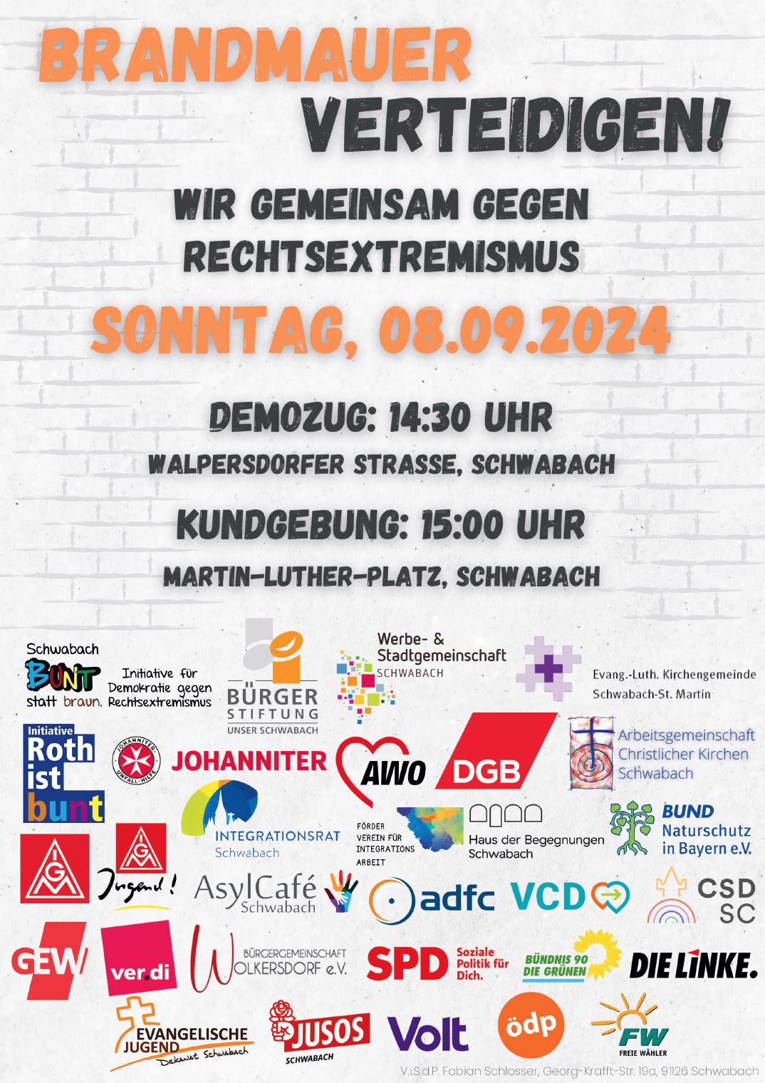 Brandmauer verteidigen! Gemeinsam gegen Rechtsextremismus“ am Sonntag, 08.09.2024 in Schwabach